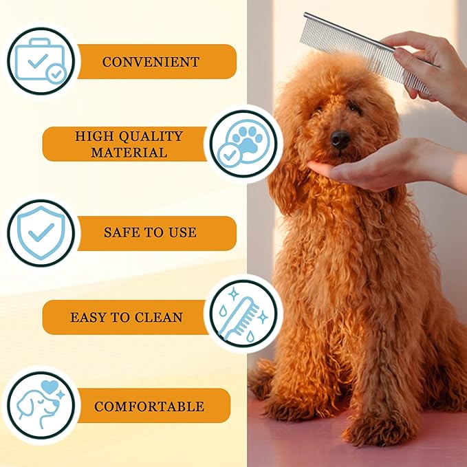 Dog Comb and Cat Combs Stainless Steel Teeth, Grooming Tool for Long & Short Hair, Dematting Comb for Dogs, Removes Tangles & Knots (Small Silver)