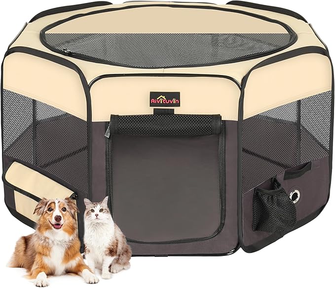 Aivituvin Portable Pet Playpen, Foldable Dog Tent Crate Cage for Puppies and Cats, Exercise Pop Up Dog Kennel with Carrying Case Indoor Outdoor, Waterproof and Zipper Top Cover Door, Brown