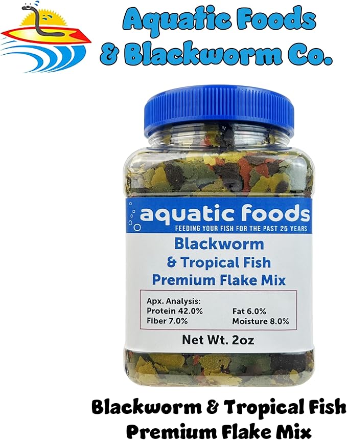 Aquatic Foods Inc. California Blackworm & Premium Tropical Fish Flakes for Discus, Cichlids All Community Tropical Fish Also Pellet Mix, Wafer Mix Included…2oz