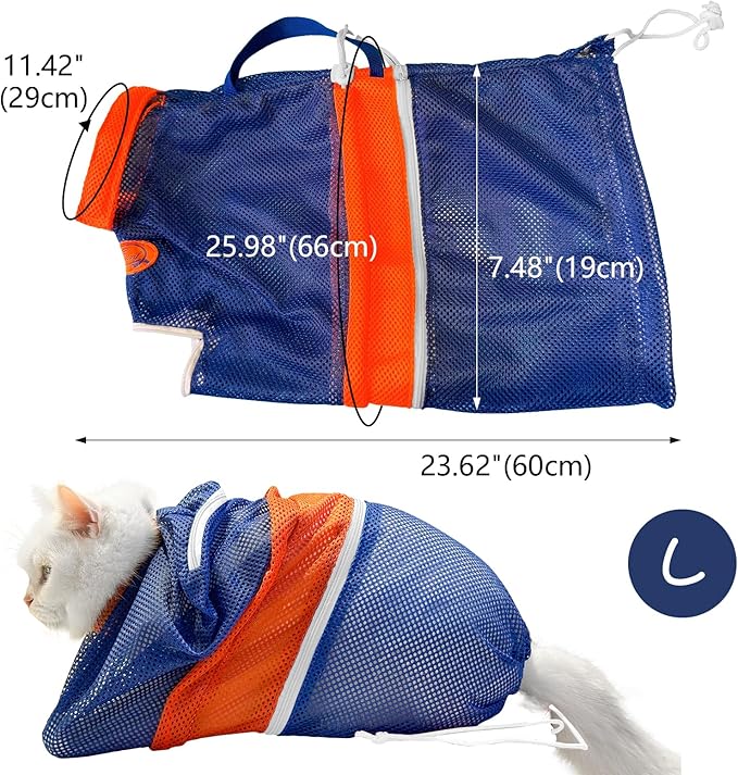 Cinf Cat Bathing Bag, Breathable Mesh Anti Scratch Adjustable Cat Grooming Bag for Nail Trimming, Bathing Soft Cat Washing Bag(Orange Blue) L