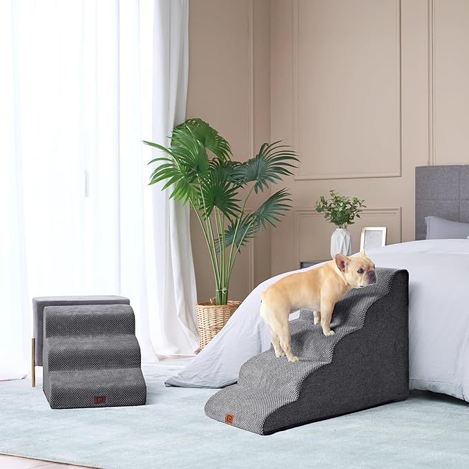 EHEYCIGA Curved Dog Stairs Ramp for High Beds 22.6" H, 5-Step Dog Steps for Small Dogs and Cats, Pet Stairs for High Bed Climbing, Non-Slip Balanced Pet Step Indoor, Grey