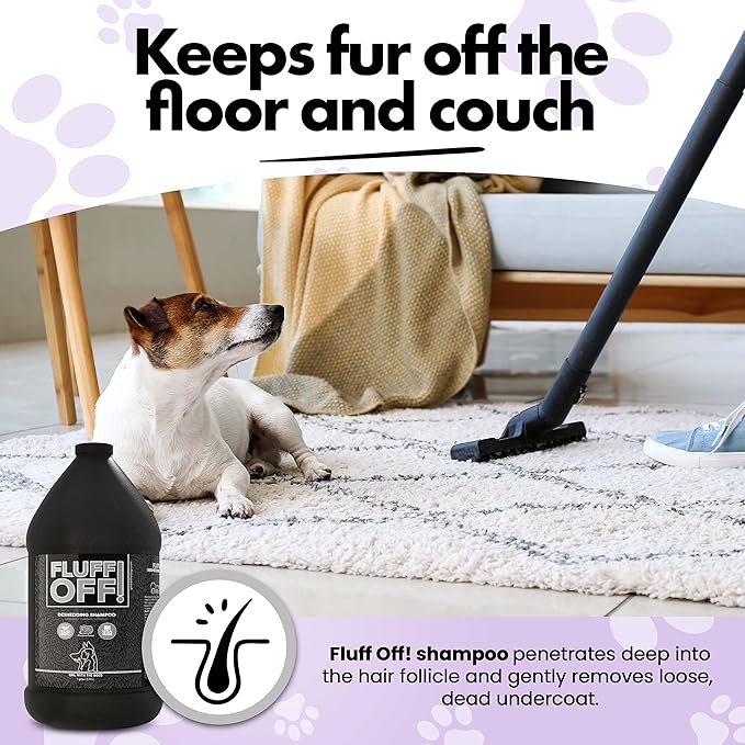 Fluff Off! by Girl With The Dogs, Natural Deshedding Dog & Cat Shampoo, 1 Gal, Made in USA, 8 Wks+