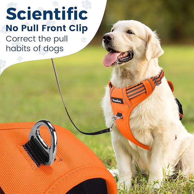 Funfox Dog Harness No Pull, Adjustable Pet Vest Harness, Super Soft Material with Vertical Handle Easy Control, Reflective Night Walking, 2 Leash Clips for Small Sized Dogs, Orange, S