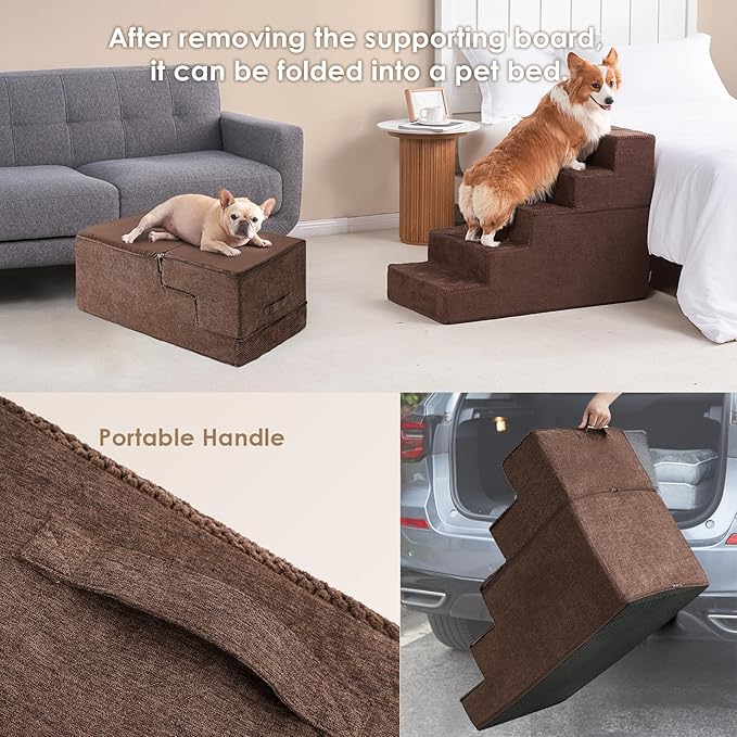 EHEYCIGA Dog Stairs for High Bed 25" H, 5-Step Extra Wide Dog Steps for Bed, Pet Steps for Small Dogs and Cats, Non-Slip Balanced Pet Ramp Indoor, Brown