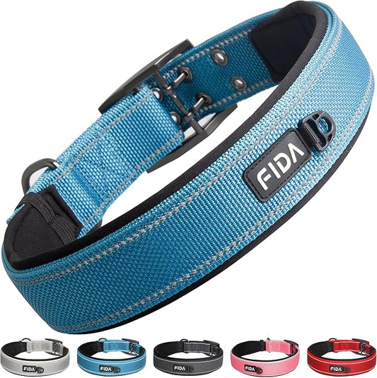 Fida Heavy Duty Dog Collar 1.5” Width, Ultra Soft Neoprene Padded, Adjustable Reflective Nylon Pet Collar with Two Metal Pin Belt Buckle for Extra-Large Breeds (XL, Blue)