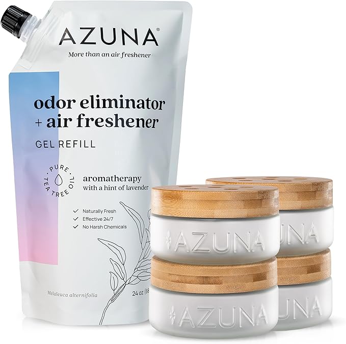 Azuna Air Freshener & Odor Eliminator for Strong Odor | 4 Room Kit Includes (4) Empty Luxe Glass Jar & 24oz Gel Refill with Tea Tree Essential Oil | Aromatherapy | Last 60-90 Days