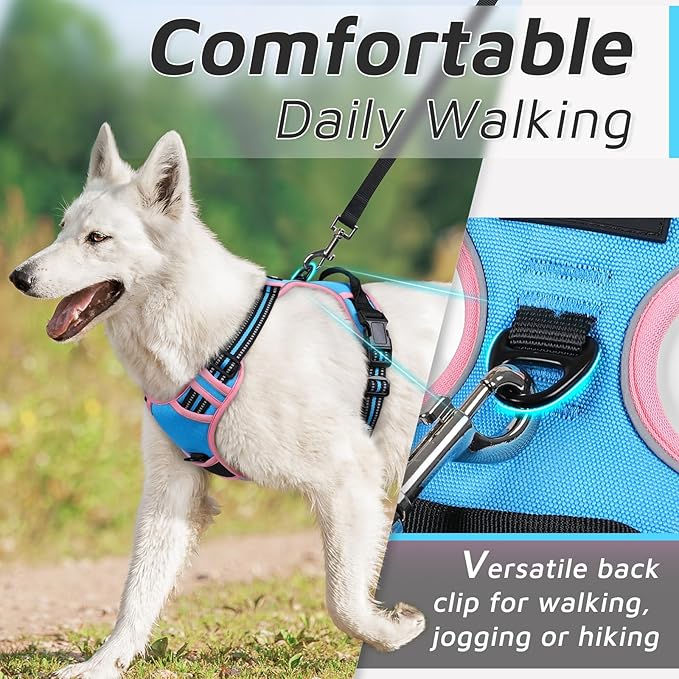 Eagloo Dog Harness for Large Dogs, No Pull Service Vest with Reflective Strips and Control Handle, Adjustable and Comfortable for Walking, No Choke Harness with 2 Metal Rings, Pink & Blue, M