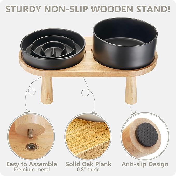 Ceramic Slow Feeder and Water Bowl Set for Small Dogs, Ceramic Dog Bowls Elevated with Wooden Stand, 0.6 Cups Dog Slow Feeder(14oz) and 30oz Water Bowl Set, Black
