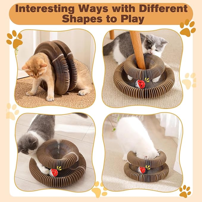 2 PCS Magic Organ Cat Scratcher Board with 6 Balls, Foldable Recyclable Accordion Cats Toy with Ball and Track Adventure, Cat Scratching Pad, Retractable Reversible Furniture Protector(Brown)