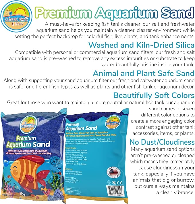 CLASSIC SAND & PLAY Natural Aquarium Sand for Freshwater and Saltwater Tanks, 20 lb. Bag, Improves Filter Life and Filtration Process, Pre-Washed Fine Sand, Blue