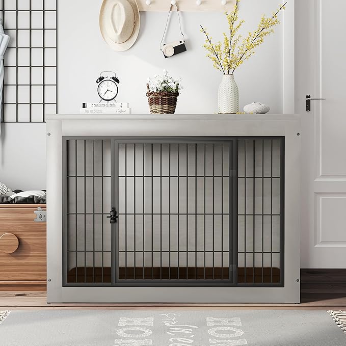 Bigrab Dog Crate Furinture with Thick Cushion, Side End Table Wooden Dog Cage with Double Doors, Chew-Resistant Dog Kennel Dog House Indoor for Small to Large Dog, L (Grey)