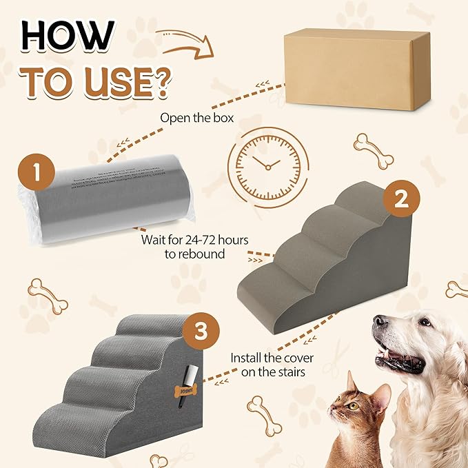 Dog Stairs, Romrol Dog Steps Ramp for High Bed and Couch, Dogs Ramp with Durable Non-Slip Waterproof Fabric Cover, Pet Stairs for Small Dogs and Cats or Pets Joints, 4-Tiers,Grey