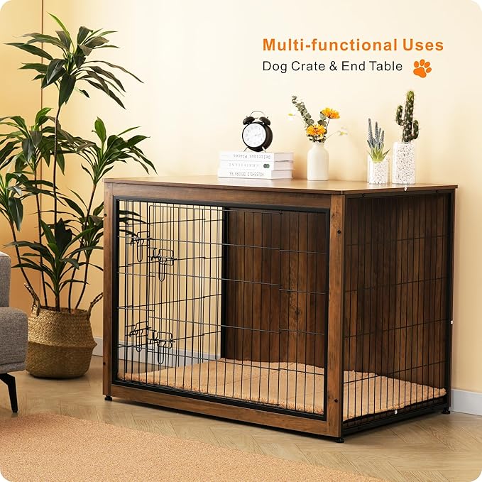 DWANTON Dog Crate Furniture with Cushion, Wooden Kennel Table with Double Doors, Indoor Dog House, Extra Large, 43.3" L, Warm Brown