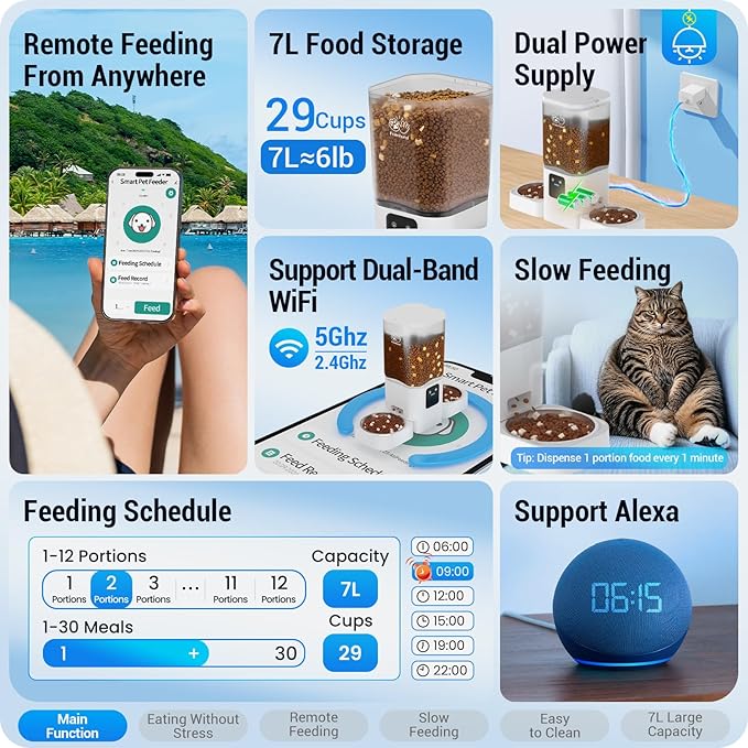 Automatic Cat Feeder with Slow Feed for 2 Cats: 5G WiFi Automatic Dog Feeder with 7L Large Food Storage, Cat Food Dispenser with Alexa for Multiple Pets, Detachable for Easy Cleaning -29 Cup