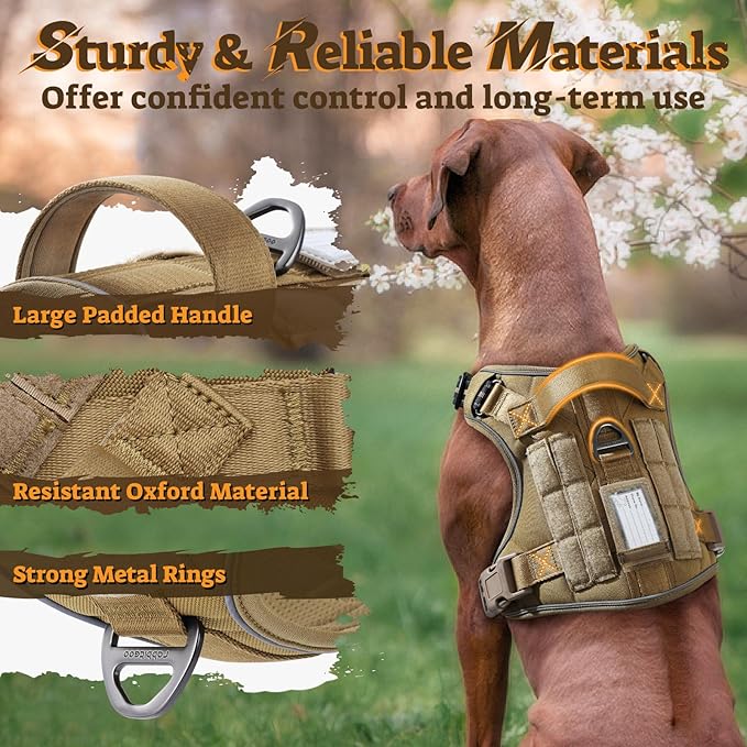 rabbitgoo Dog Harness Small Sized No Pull, Tactical Service Pet Vest with Molle and Control Handle, Adjustable and Reflective Military Harness for Easy Walking and Training, Brown, S