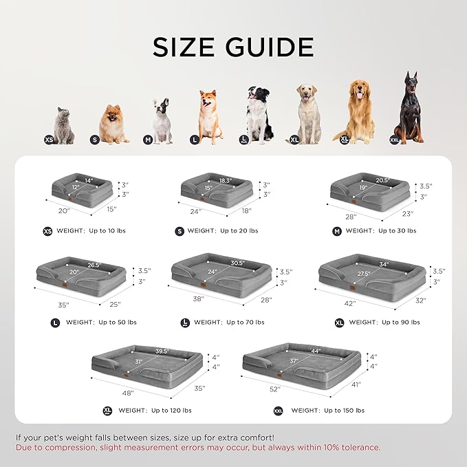 Bedsure L Plus Orthopedic Dog Bed for Large Dogs - Washable Dog Cat Bed Waterproof, L Plus Big Comfort Dogs Couch Sofa with Washable Removable Cover, Pet Bed with Nonskid Bottom, Grey, 38"