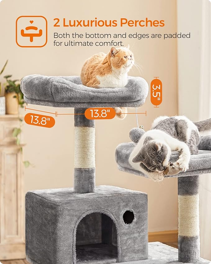 FEANDREA Cat Tree, Cat Tower for Indoor Cats, 56.3-Inch Cat Condo with Scratching Posts, Hammock, Plush Perch, Light Gray UPCT15W