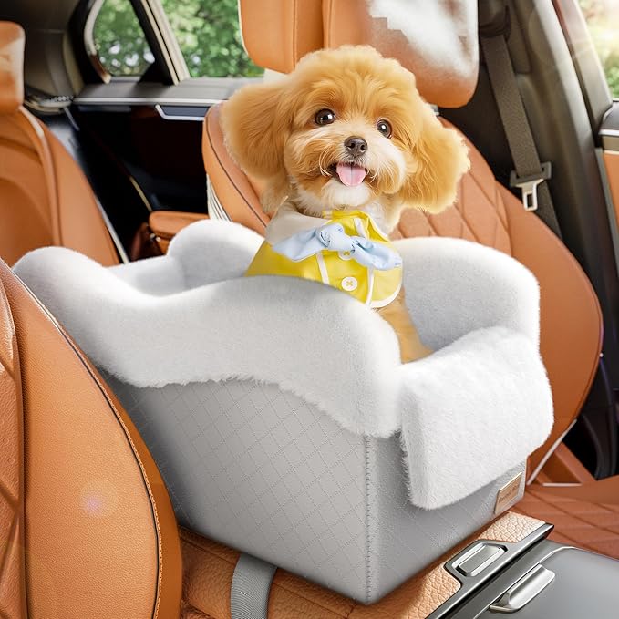 Portable Small Dog Seat for Car,Luxury Center Console Dog Car Seat Booster with Safety Tethers,Auti-Collapse Pet Travel Carrier for SUV,Truck.(Light Grey/White)