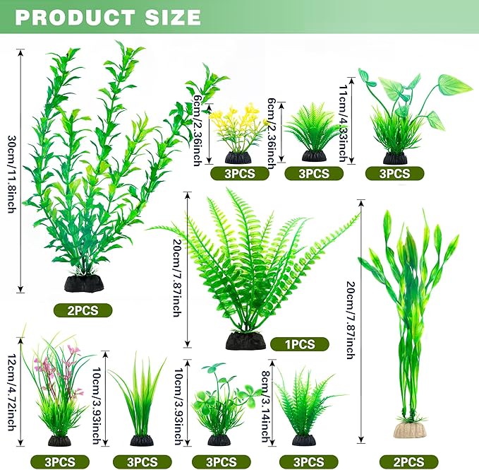 Ameliade Aquarium Artificial Green Plastic Plants Decorations 26 PCS Large Fish Tank Accessories Goldfish Betta Tank Decor