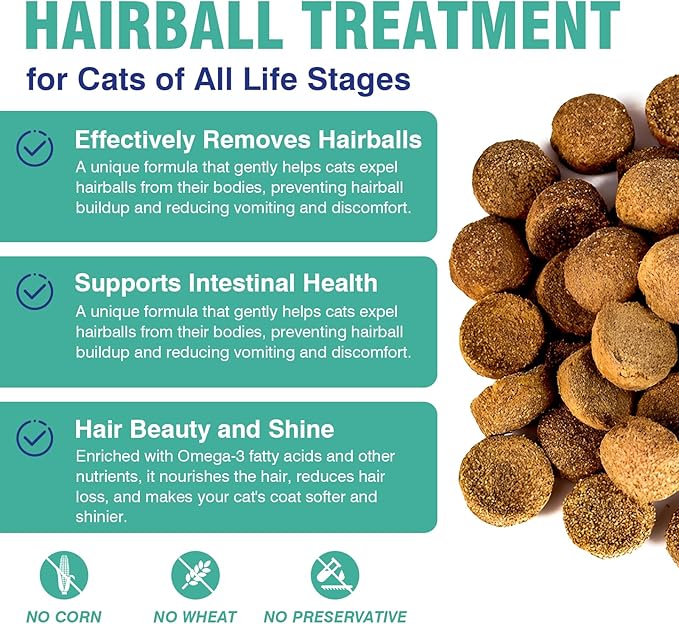 Cat Hairball Remedy Treats, 150 Soft Chews Cat Hair Ball Treatment Furball Control Relief Helps Eliminate and Prevent Hairballs for Indoor Cats Supports Skin and Coat Digestion Chicken Flavor