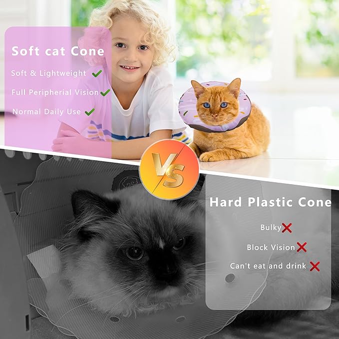 Cat Cone Collar Soft, Adjustable Cat Recovery Collar Kitten Cones to Stop Licking, Cute Donut E Collar After Surgery, Cats Neck Pillow Cone Elizabethan Cones of Shame (Waterproof Purple, Small)