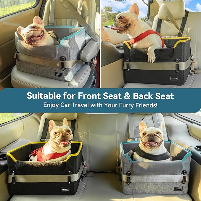 PETSFIT Dog Car Seats for Small Dogs, Patent Safety Buckles Dog Booster Car Seat, Dog Carseat with Safety Belt, Suitable for Small Pets Up to 25lbs (Grey)