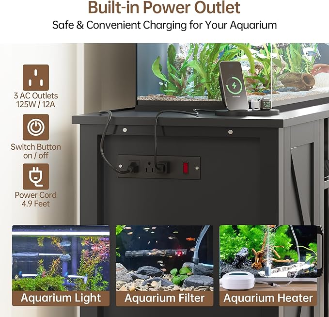 Aquarium Stand with Power Outlets, 55-75 Gallon Heavy Duty Fish Tank Stand with Cabinet Storage & Adjustable Shelf, for Fish Tank, Turtle Tank, Reptile Terrarium, 1000LBS Capacity, Black