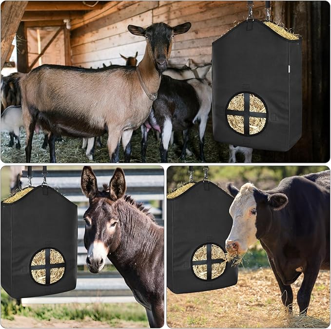 3 PCS Goat Hay Feeder,Hay Bags for Horses,Goats,Donkeys with Reinforced Oxford Fabric and High Strength Metal Clasp,Horse Feeding Supplies with Adjustable Strap for Easy Hanging (3Black)