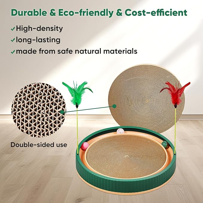 20-Inch Round Cat Scratcher with Ball Track – 3-in-1 Cardboard Scratching Pad with Feather Toy & Non-Slip Base – Interactive Cat Toy for Indoor Cats, Kittens & Large Cats (Green)