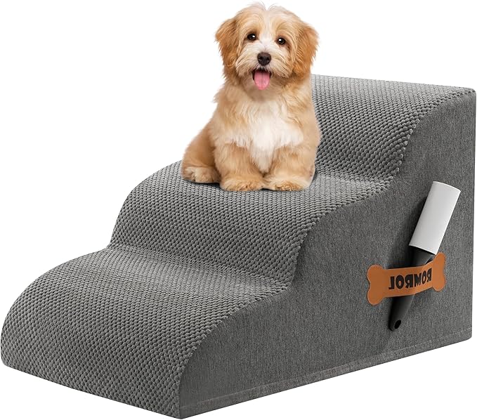 Romrol Dog Stairs Ramp for Beds Couches, Extra Wide Pet Steps with Durable Non-Slip Waterproof Fabric Cover, Dog Slope Stairs for Small Dogs and Cats or Pets Friendly, 3-Tiers, 13 Inch,Grey