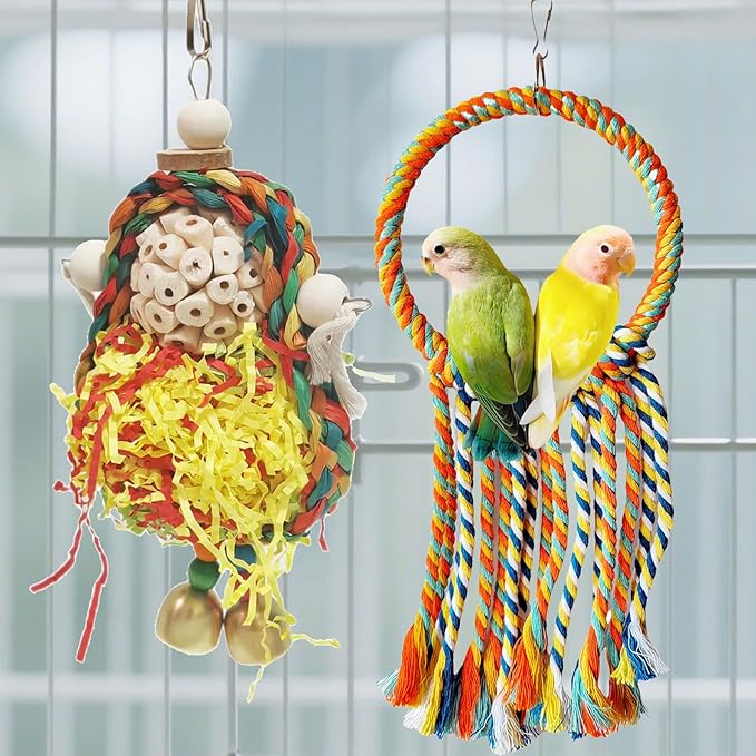 Bird Hoop Swing and Parakeet Toys,Natural Sola Balls and Shredding Hanging Toy,Birds Rope Swing,Suitable Small and Medium-Sized Parrots Toys,Birds Toy for Cockatiels,Conures,Lovebird