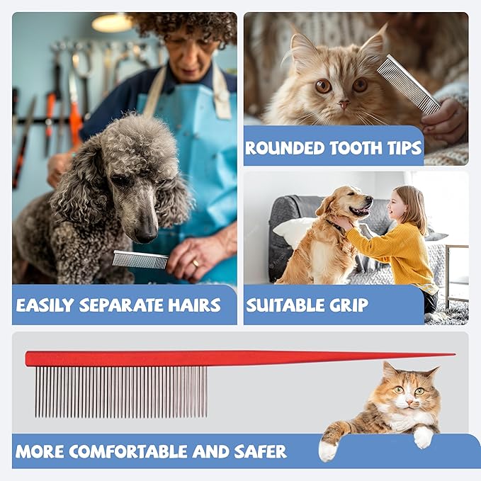 Grooming Pet Comb Rat Tail Dematting Cat and Dog Comb，Rounded Ends Design for Safe Tangle Removal, Hairstyling, Massage，Loose Hair Removal，Prevent Irritation，Fluffing Paws,Face,Tail,Remove Tear Stain