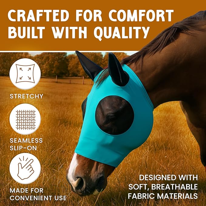 Horse Fly Mask - Durable Equine Fly Mask with Full Coverage for Eye & Ear - Stretchable, UV & Sun Protection Flymask for Horses, Ponies & Mini Horses - Horse Face Cover for Pasture & Trail - Gray