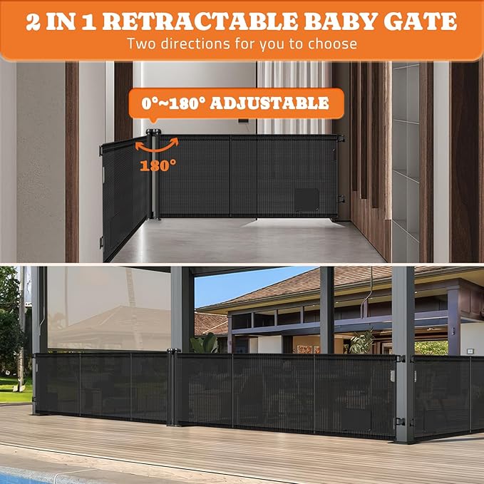 2-in-1 Retractable Baby Gates, 41" Tall Mesh Dog Gate with Cat Door 1-Pack, One Side Up to 71" Wide, Total 142" Wide, Long Retractable Pet Gate for Stairs Landing Indoor Outdoor-Black