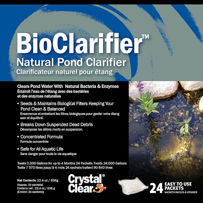 CrystalClear BioClarifier Small Pond & Water Garden Clarifier & Cleaner, Cloudy Water Beneficial Microbe Treatment, Fish, Plant & Pet Safe, 24 Packets