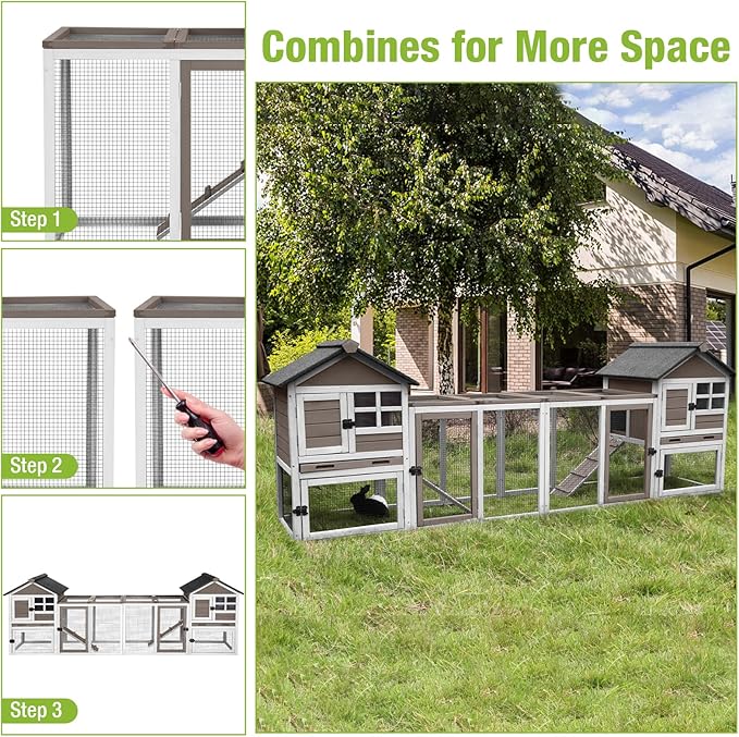 GUTINNEEN Rabbit Hutch Indoor Chicken Coop Outdoor, 51.6''L 2 Story Bunny Cage Weatherproof, Guinea Pig House with Run (Brown)