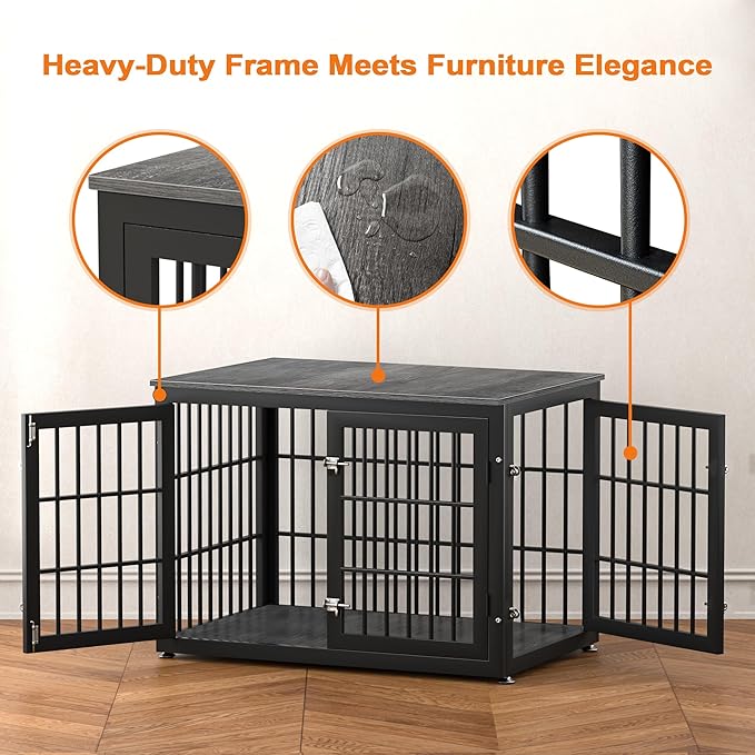 38 Inch Heavy Duty Dog Crate Furniture for Large and Medium Dogs, Decorative Pet House End Table, Wooden Cage Kennel Furniture Indoor, Gray