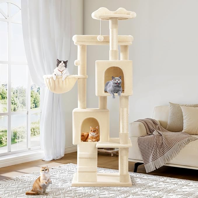 Allewie 64 Inches Cat Tree Tower/Multi-Level Activity Center for Indoor Big Felines/2 Plush Condos/2 Perchs/Basket/House/Sisal Scratching Posts/Hanging Cat Toys/Beige
