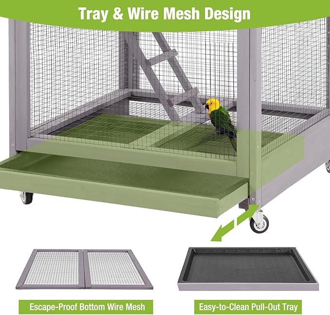 GUTINNEEN Large Bird Cage Outdoor Wooden Aviary Indoor on Wheels, with Play Stand, Perches, Nest Habitat & Wire Mesh Tray for Easy Cleaning