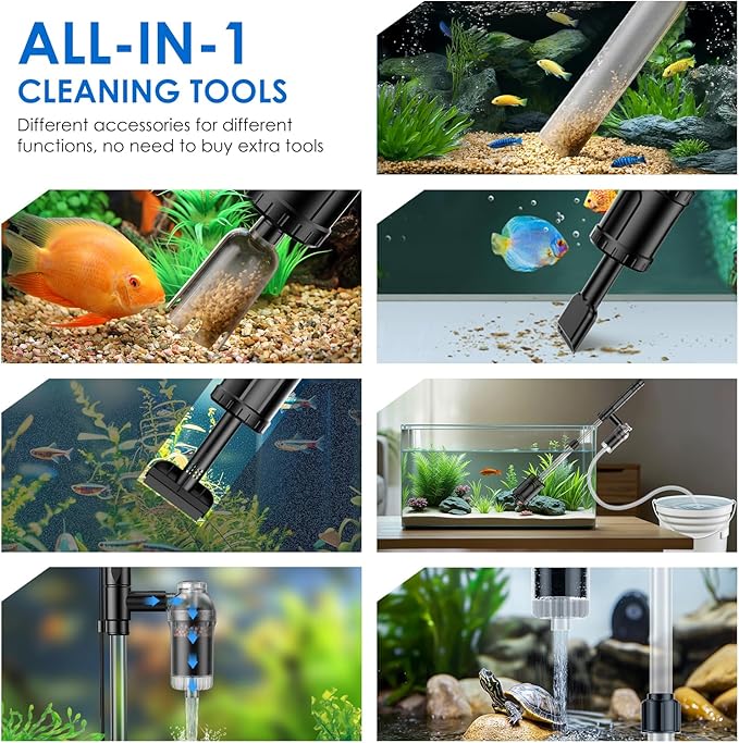 36W Fish Tank Vacuum Gravel Cleaner Electric: Aquarium Vacuum Gravel Cleaner with Strong Suction for Automatic Water Change Algae Cleaner Sand Wash Water Circulation and Water Shower, Timed Off