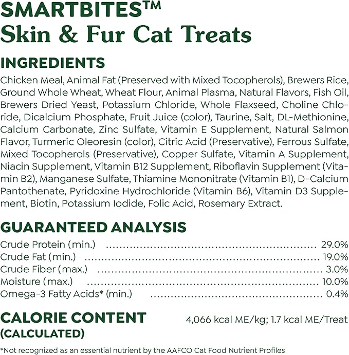 Greenies Feline Smartbites Skin & Fur Health Crunchy and Soft Cat Treats, Salmon Flavor, 4.6 oz. Pack
