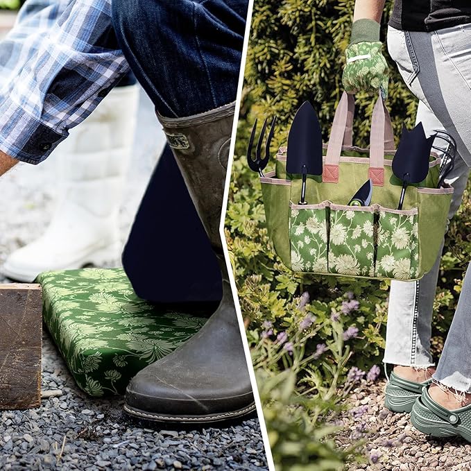 Colwelt Garden Tools Set, 8 Piece, Heavy Duty Gardening Tools with Wooden Handle, Including Garden Tote, Kneeling Pad, Gloves, Pruner, Trowel, Tulip Trowel, Cultivator - Gardening Gifts for Women Men