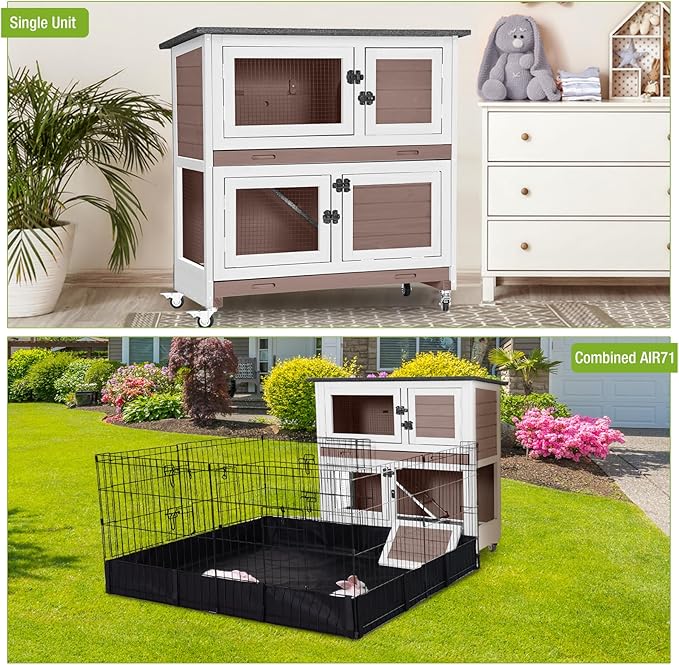 GUTINNEEN Rabbit Hutch Indoor with Chew-Proof Design, Wooden Bunny Cage Guinea Pig Cages with Lockable Wheels, Leak-Proof Trays for 1-3 Rabbits, Guinea Pigs, Small Animals (Brown)