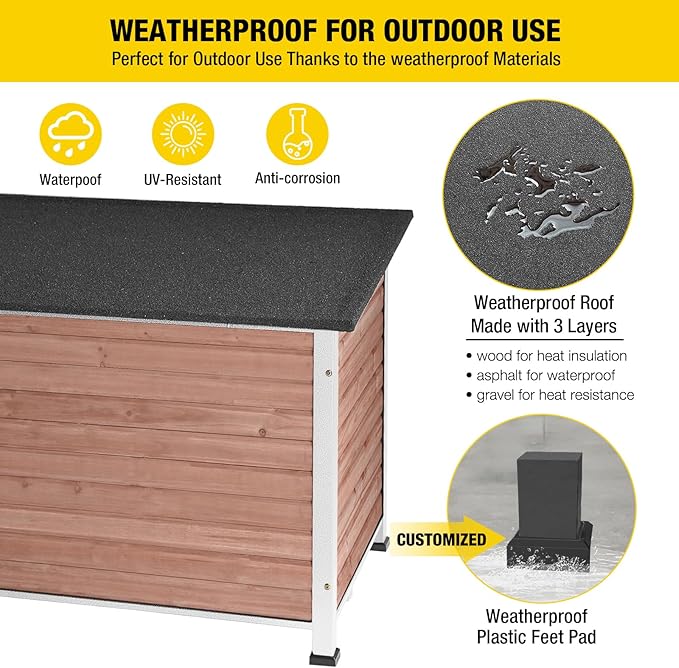 Dog House Outdoor & Indoor Wooden Dog Kennel for Winter with Raised Feet Weatherproof for Small & Medium & Large Dogs,Unique All-Around Iron Frame，Light Brown