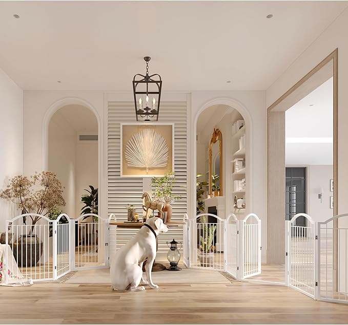BHG Metal No-Assembly Freestanding Dog Gate with Door Walk Through, Extra Wide 144", Extra Tall 32" Pet Gate, Accordion Puppy Folding Playpen Dog Fence, with 2PCS Support (White, 6 panesl)