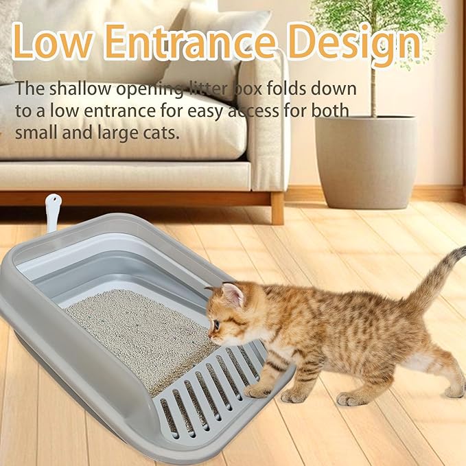 Collapsible Kitten Litter Box, Open High Sided Cat Potty Pan with Scoop Shallow Cat Toilet Anti-Splashing Low Entrance Travel Litter Box with Falling Sand Pedal for Kitty to Senior Cats