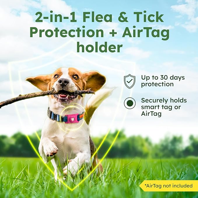 BugMD Paw Guardian Flea & Tick Pendant (2-Pack) with AirTag Holder – Plant-Based Flea & Tick Prevention for Dogs – Pet Collar Tag & GPS Tracker Holder for Dogs – Pink