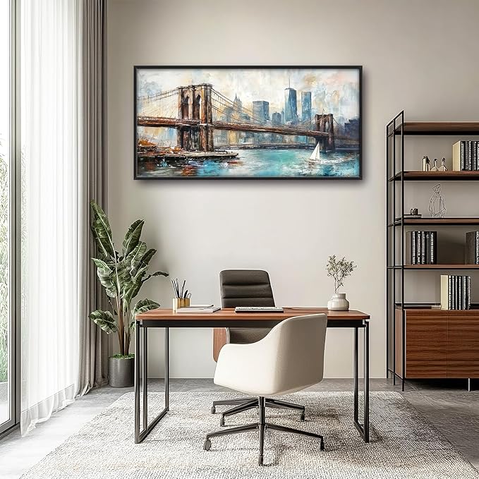 Extra Large Framed Brooklyn Bridge Wall Art,New York City Wall Decor,Abstract Skyline Cityscape Pictures for Living Room,Canvas Print Painting Modern Artwork Bedroom Office Bathroom 60L x30W