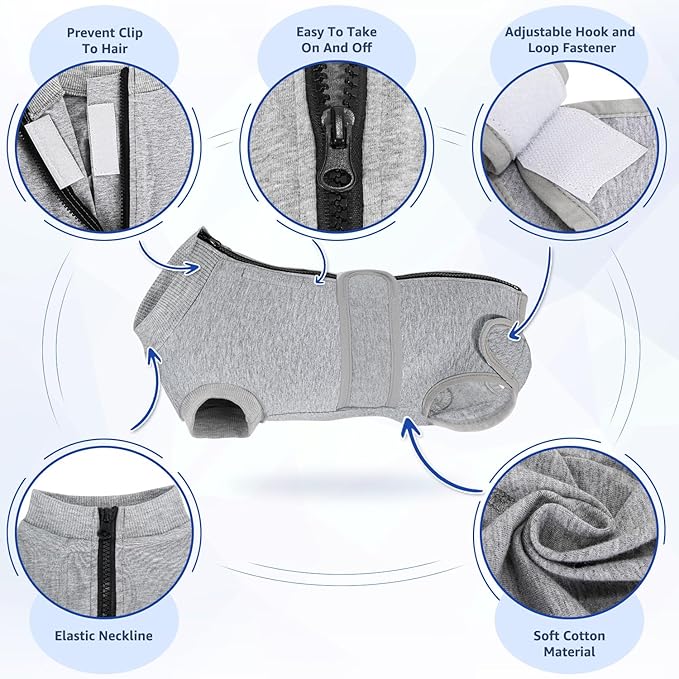 Lukovee Recovery Suit for Dogs, Zipper On Recovery Suit for Female Male Dog, Onesie Abdominal Wounds Cone E-Collar Alternative Prevent Licking Spay Recovery Suit (3XL, Grey)