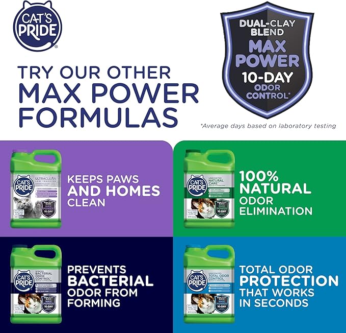Cat's Pride Max Power: Total Odor Control - Up to 10 Days of Powerful Odor Control - Strong Clumping - Hypoallergenic - 99% Dust Free - Multi-Cat Litter, Unscented, 15 Pounds